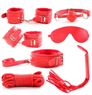 Červený bondage set z umělé kůže – 7 částí